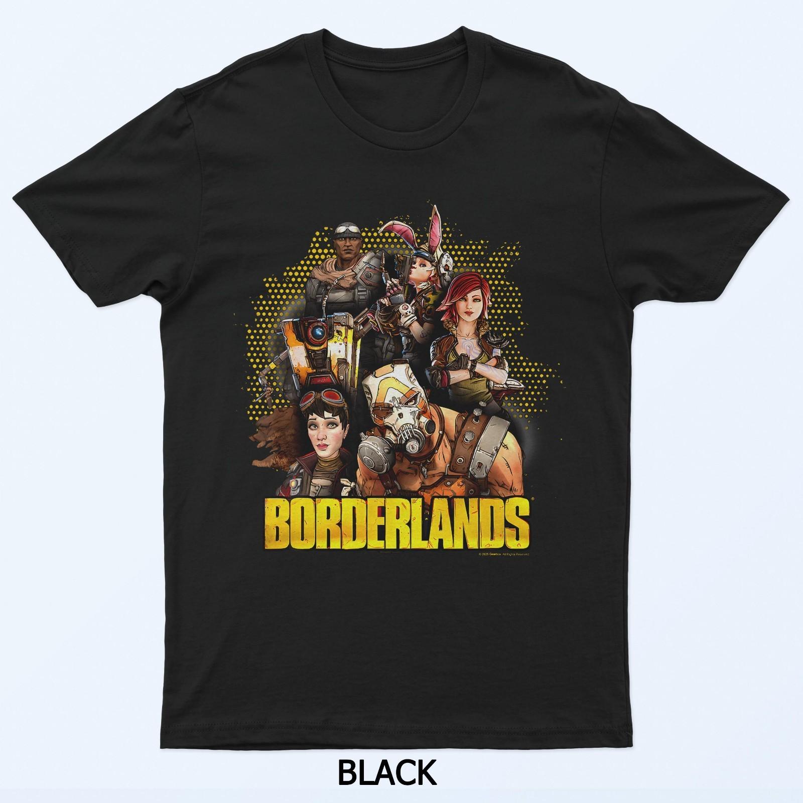 Футболка с коллажем всех персонажей Borderlands и логотипом видеоигры XXL