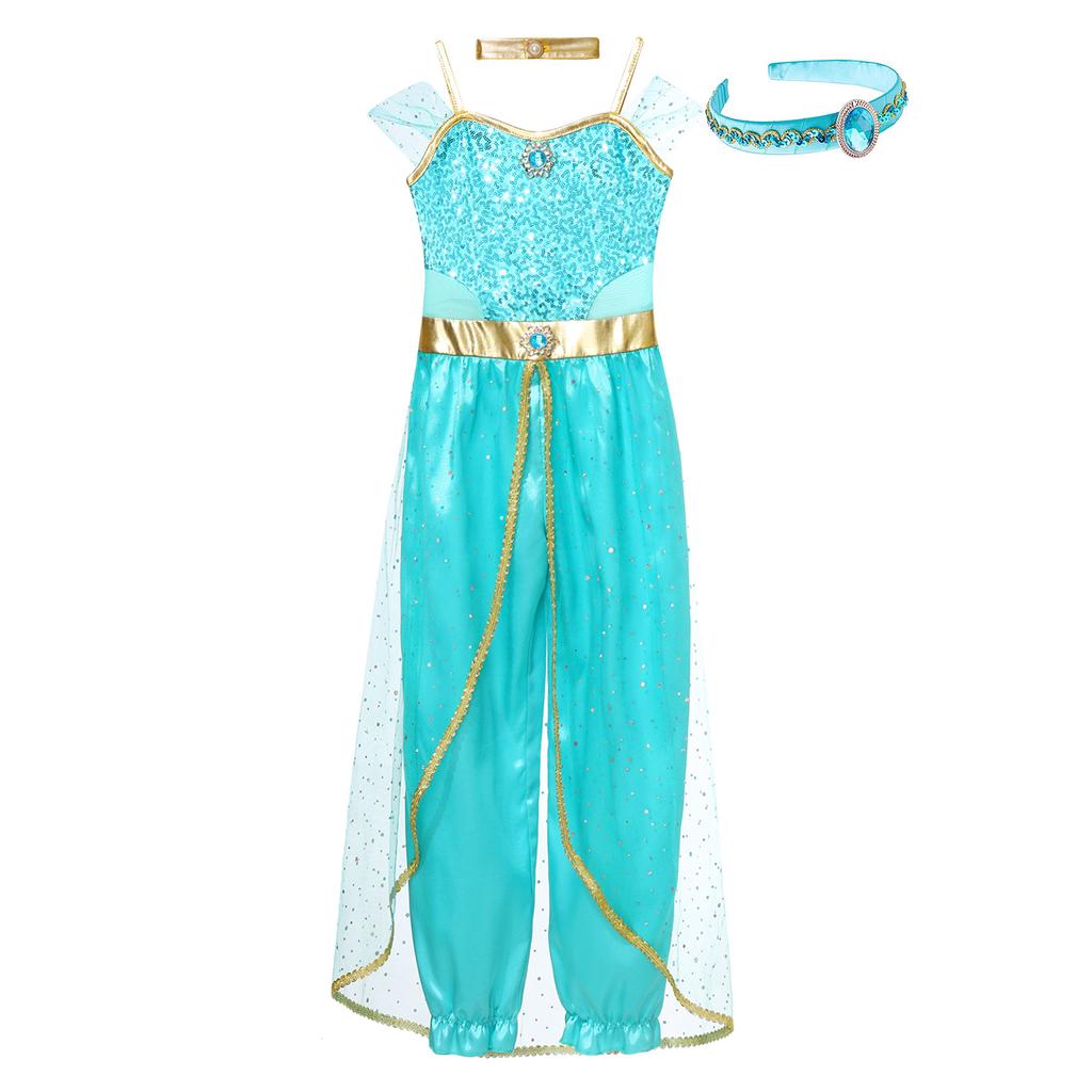 Girls Halloween Arabian Princess Cosplay Costume Sleeveless Sequins Long Jumpsuit Choker Gem Headwear Full Set