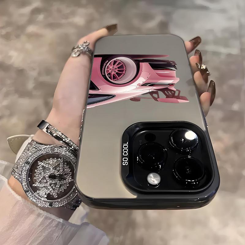 Pink Supercar Print Electroplate Silver IMD Phone Case For iPhone 17 16 15 14 13 12 11 Pro Max X XS XR 7 8 Plus 17 Air 16E Cover