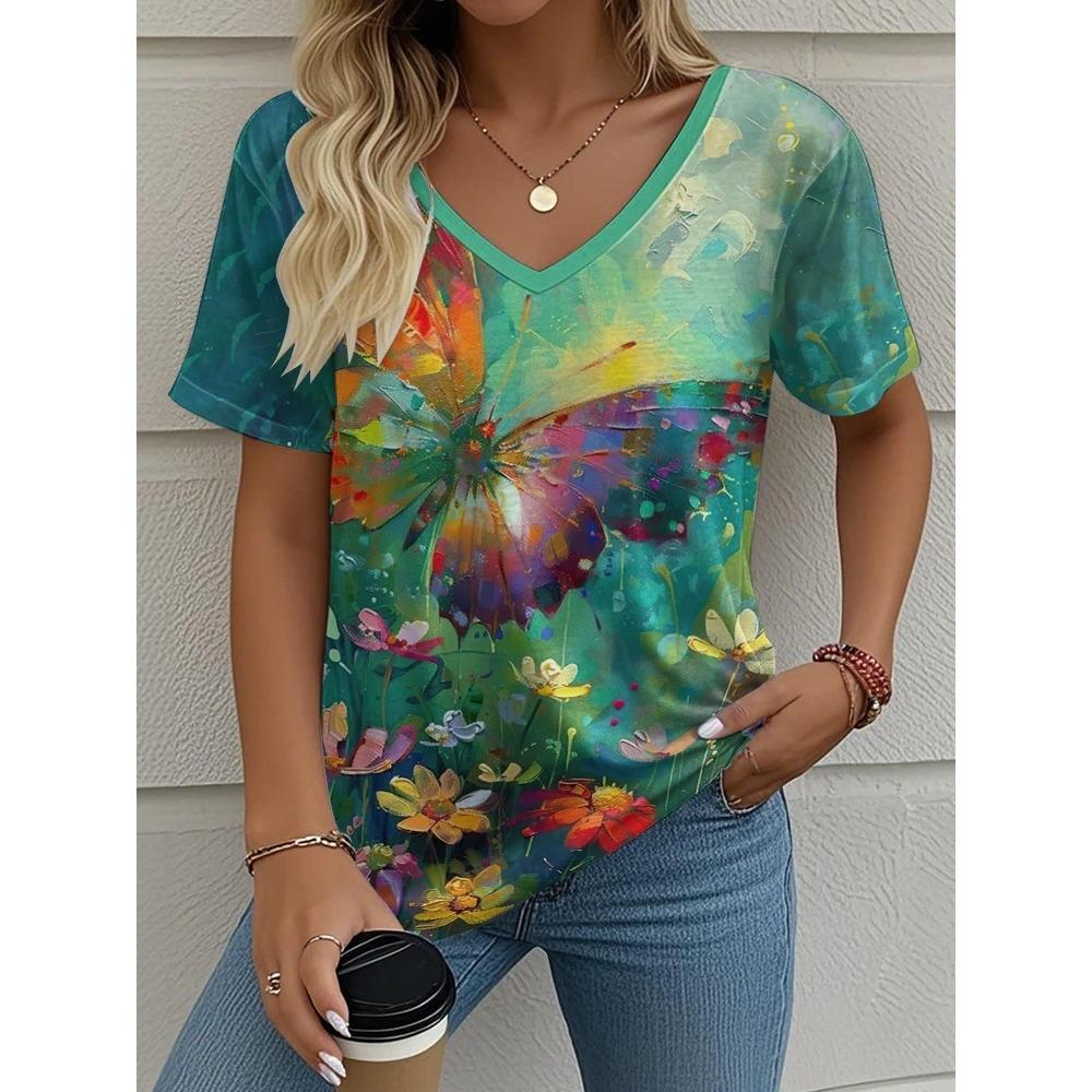 3D Butterfly Printed Short Sleeve T-shirt Korean Style Women's Clothes V-neck Short Sleeves Tees Shirt Loose Casual Blouses