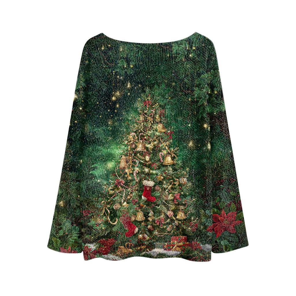 Women's Fashion Round Neck Long Sleeve Christmas Print Casual Pullover Sweater Top