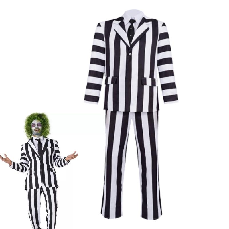 Costume Cosplay Beetlejuice Black And White Striped Suit Halloween Party Prop