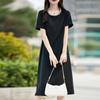 Acetic Acid Satin Round Neck Dress for Women Summer Thin Beads Retro Pleated Loose and Versatile Mid-length Skirt