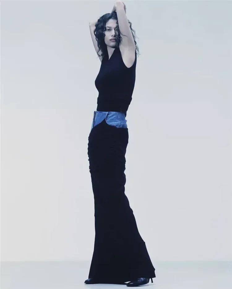 Modern Deconstructed High-Waist Black Pleated Denim Skirt with Spliced Design for Women