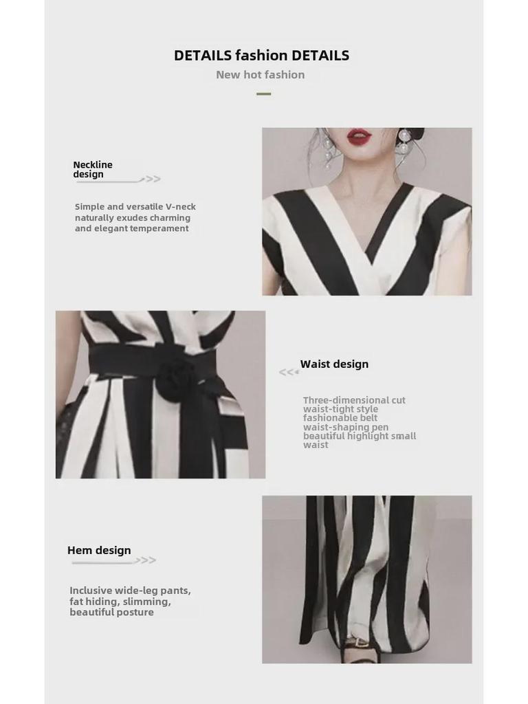 Sleeveless V-Neck Striped Jumpsuit with Waist Belt