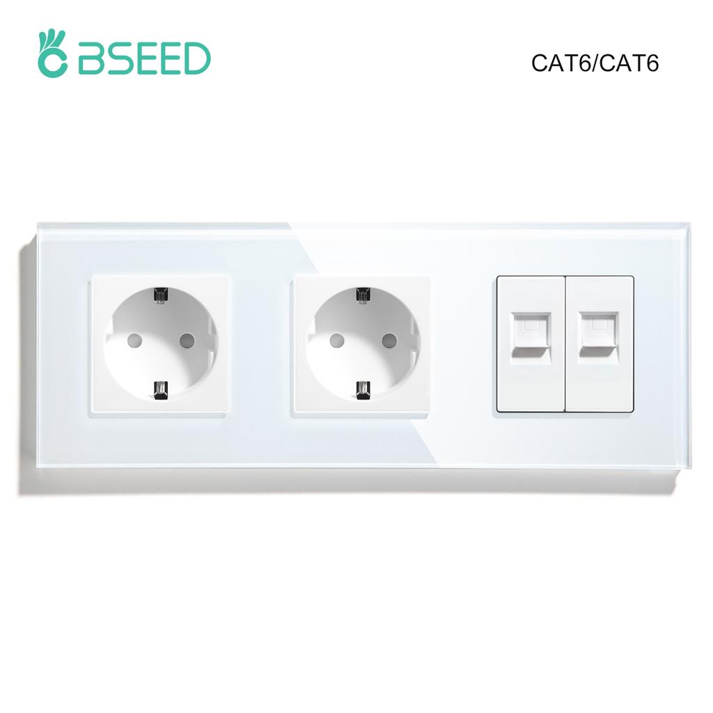 BSEED Dual Internet Sockets CAT6 Wall Socket EU Power Sockets Plus Network PC Data Computer Connecter Outlets Glass Panel