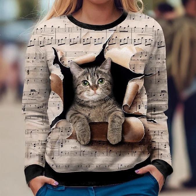 Round Neck 3D Cat Pattern T-shirts Casual Long Sleeved Women's T-shirts - Soft Medium Stretch Polyester Fabric Spring and Autumn Relaxed Fit Clothing