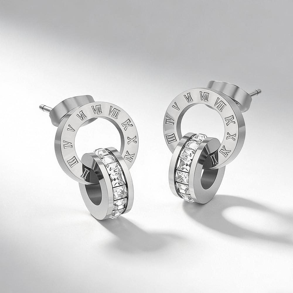 New Roman Numeral Creative Earrings with Zircon Titanium Steel Earrings Women s Double Circle Earrings медный