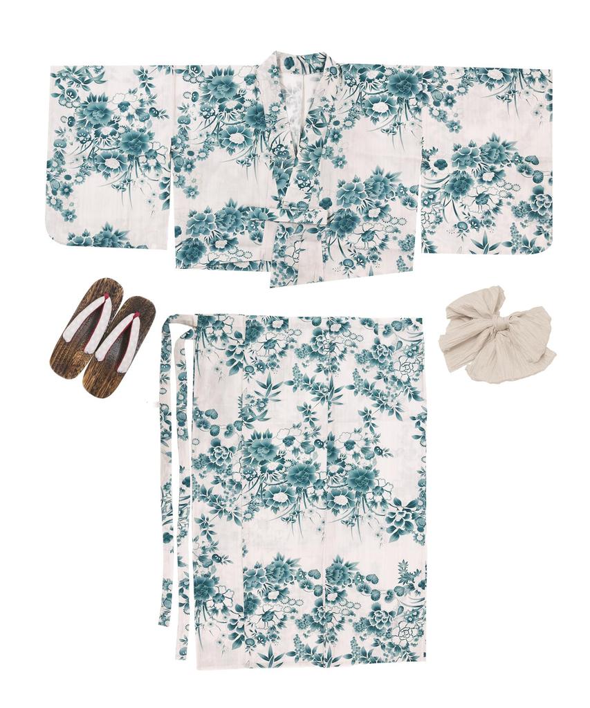 Yukata Unique Natural Set AB Free [KYOETSU] Set, Weave, White, Two-Piece 3-Piece (Yukata, Obi, Geta), Women's (Hisui Kaen, Size)