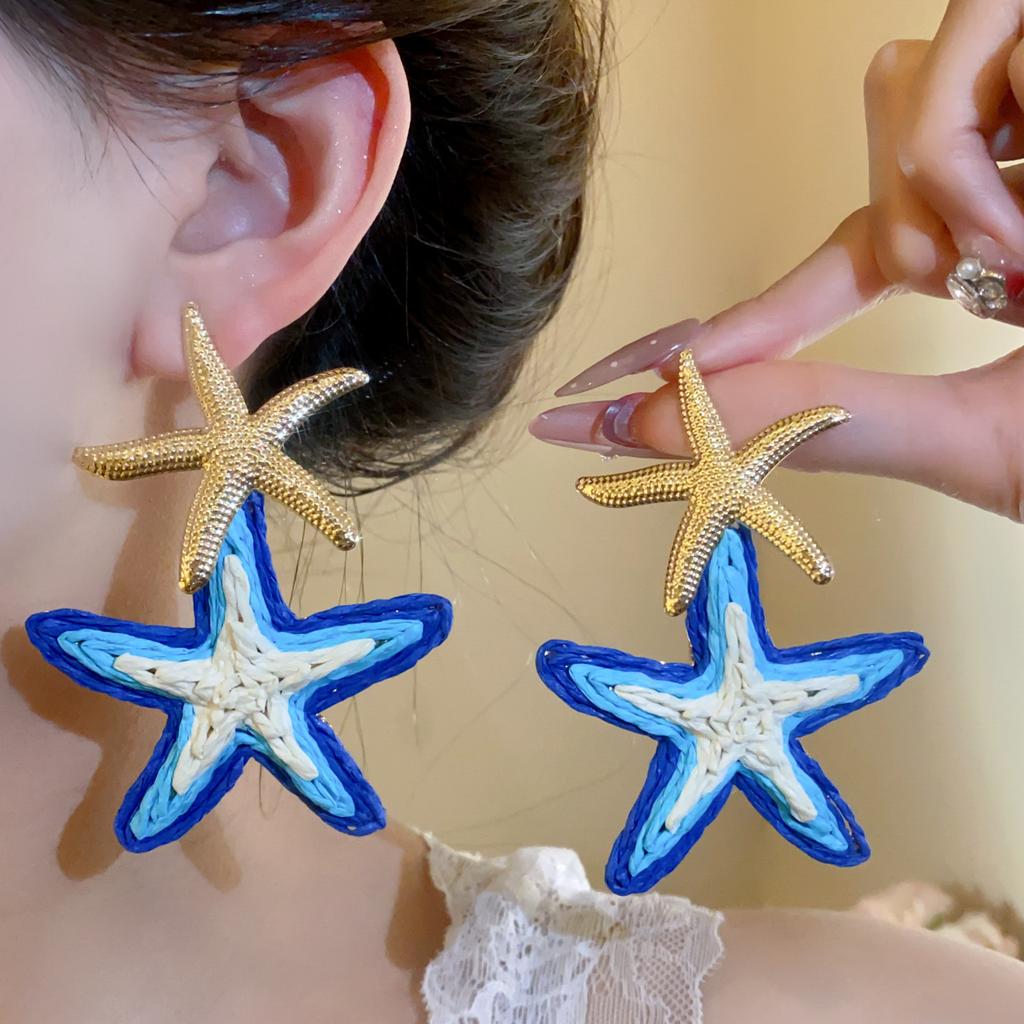 Silver Needle Raffia Star Stud Earrings Seaside Vacation Style