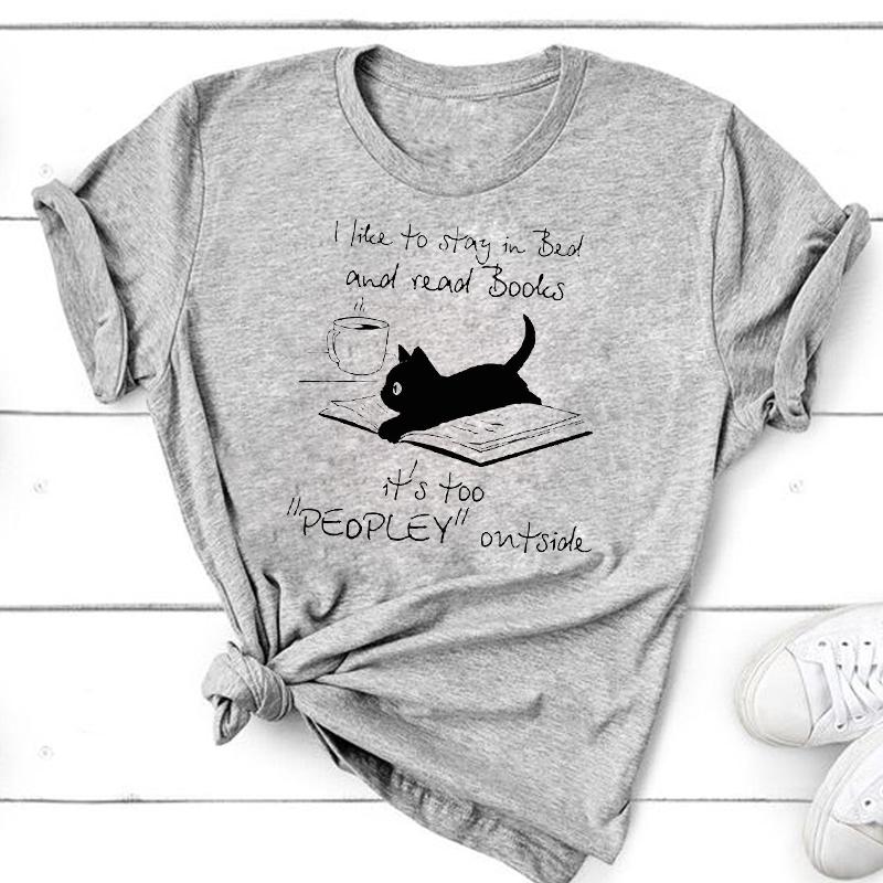 (Asian Size) Graphic Tee Women's Cat Books Love Sweet Trend Fashion Casual Print Short Sleeve Summer Top Ladies Female T Clothing T-shirt