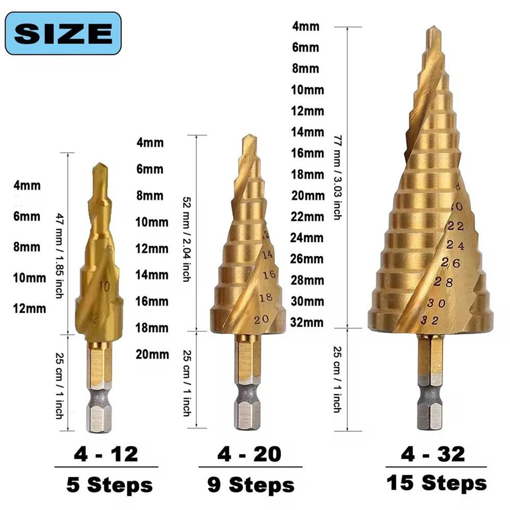 4-32mm/4-20mm/4-12mm HSS Titanium Coated Stepped Drill, Conical Drilling Tool Cutting Wood Holes and High Speed Steel Metal