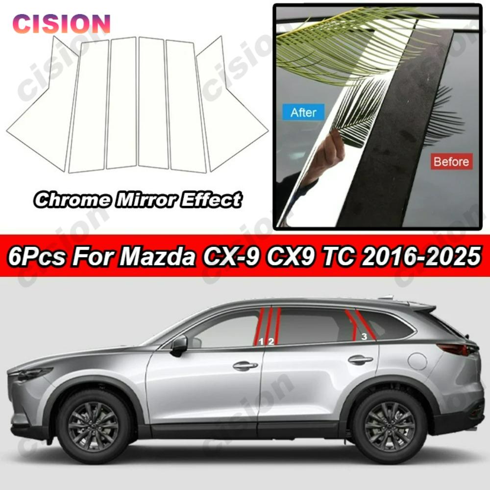 Car Door Center B C Pillars Trim Cover Black Chrome Mirror for Mazda CX9 TC 2016-2025 Window Column Post Carbon Fiber PC Sticker
