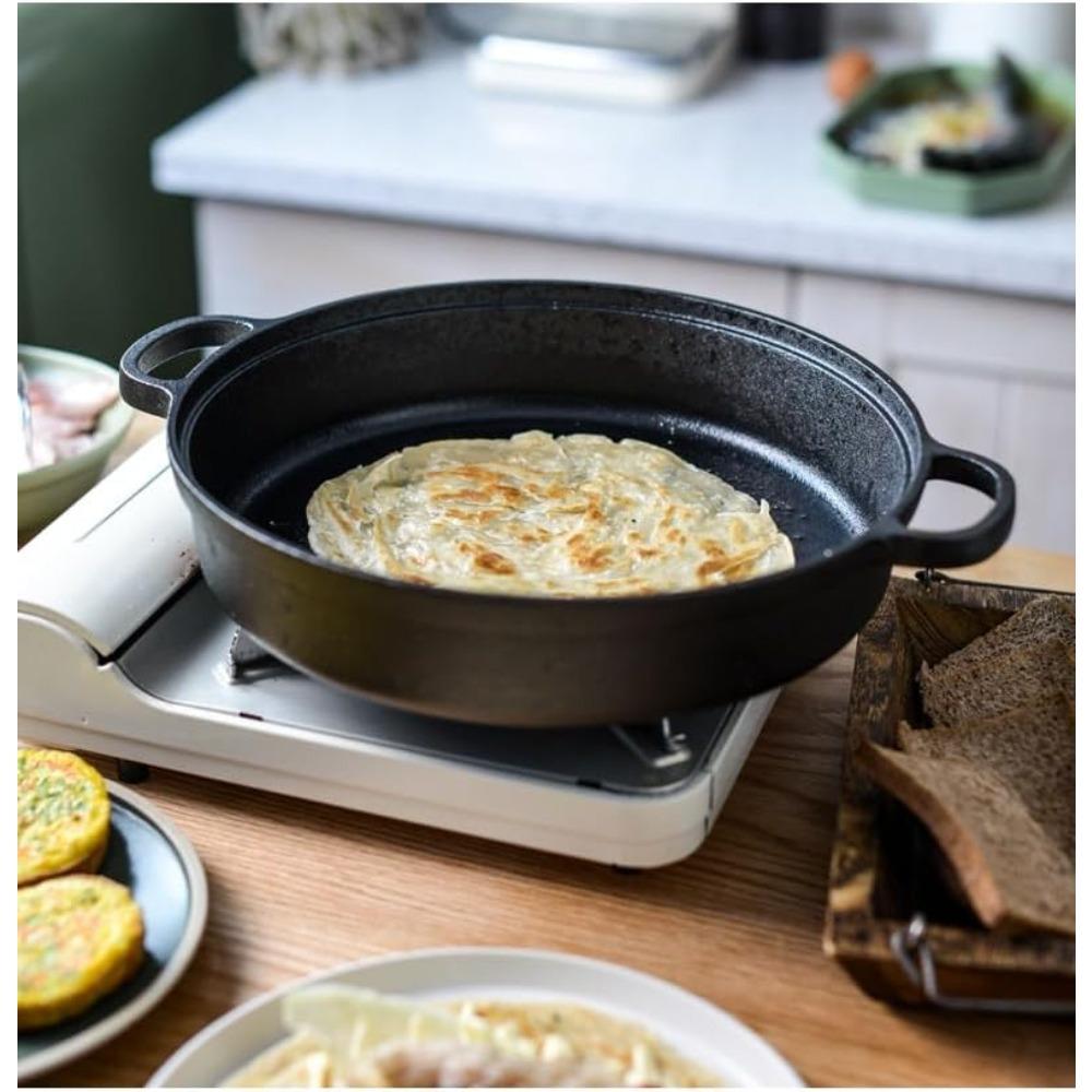 Cast Iron Skillet Round Non Stick Cast Iron Pan with Double Handles for Gas Electric Induction Oven Flat Outdoor Cooking Camping