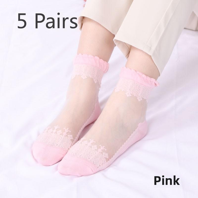 5 Pairs of Women's Spring Thin Mid Cylinder Cotton Sole Lace Lace Socks