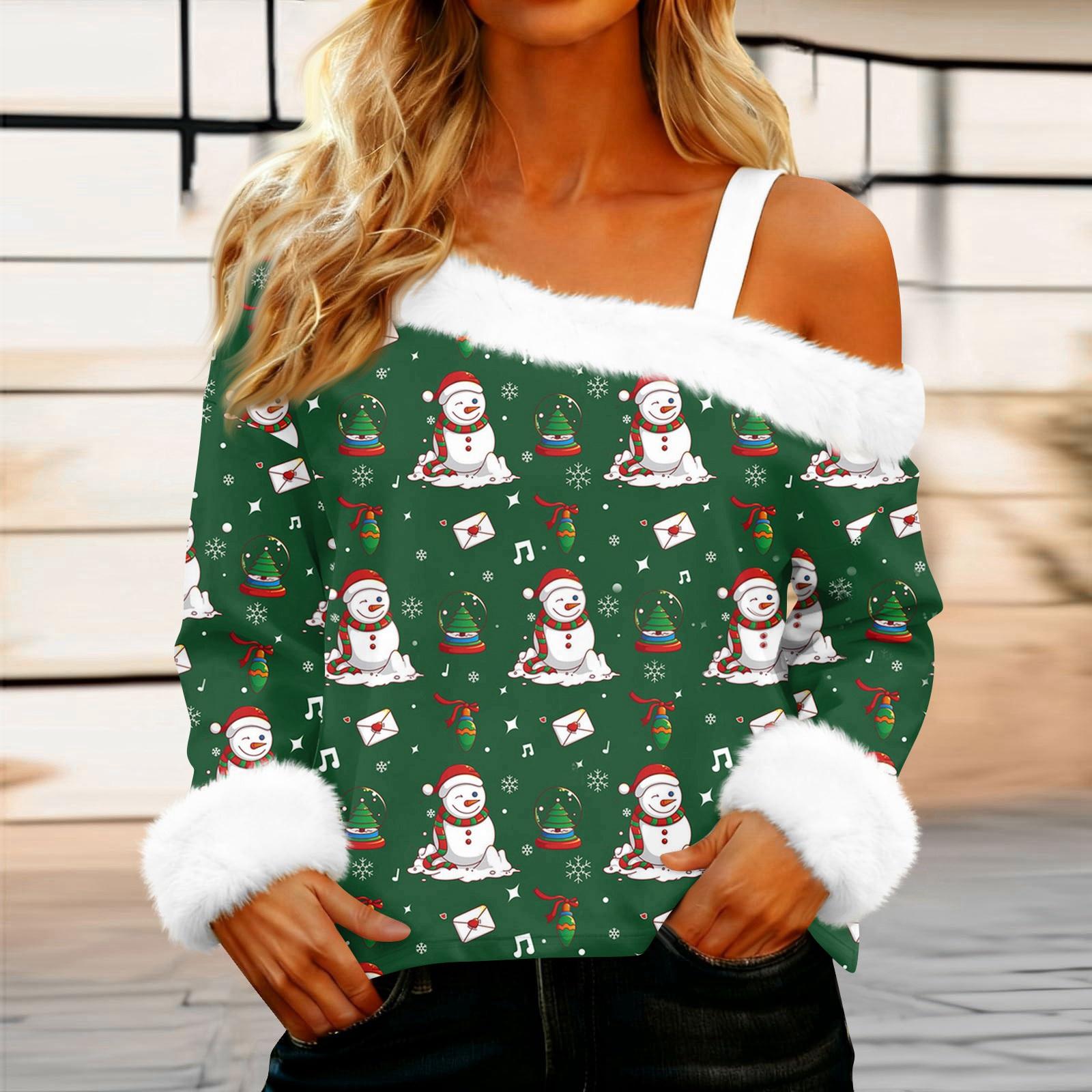 Women s Off-the-shoulder Plush Neck Printed Long-sleeved Pullover T-shirt Top L темно-зеленого