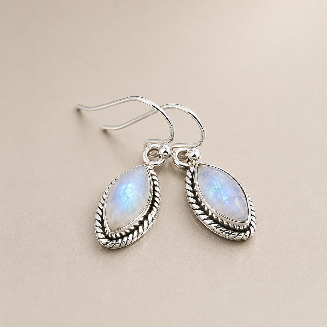 Rainbow Moonstone Earrings, 925 Sterling Silver Jewelry, Minimalist Handmade Marquise Gemstone Ring серебряный