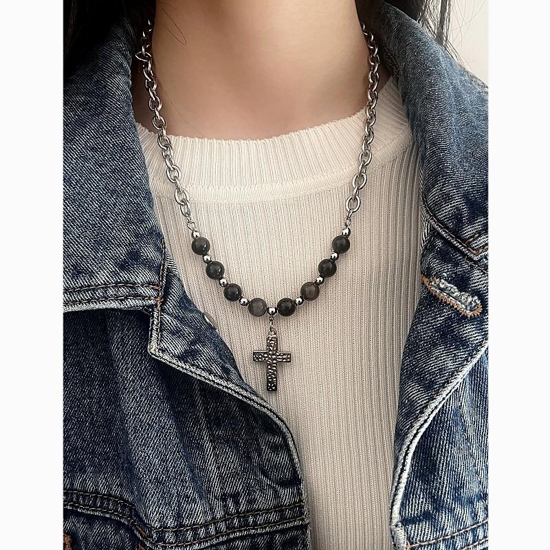 Retro Black Cross Pendant Necklace With Titanium Steel Chain For Street Style Jewelry