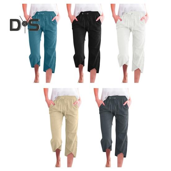 Damen Cropped-Hose, elastischer Kordelzug in der Taille, lässiges Design mit lockerem Bein, Freizeithose, einfarbig, lockere Passform, Hose mit mittlerer Wade