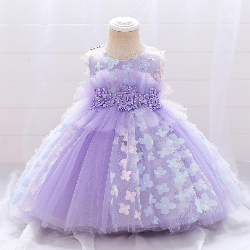 3D Floral Fluffy Baby Girl Dress for Weddings & Special Occasions