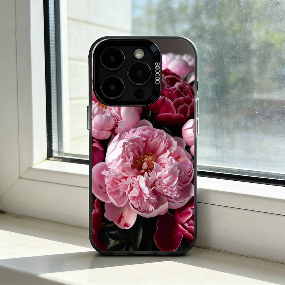 Elegant Peony F-Flower Phone Case For iPhone 17,16,15,14,13,12,11 Plus,Pro Max,XS,Colorful Silver Black Cover