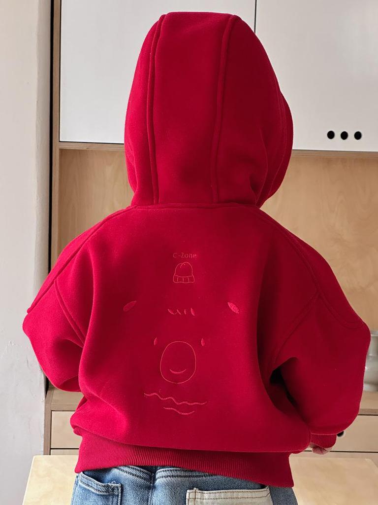 2025 Autumn/Winter Korean Style Fleece-lined Hooded Red Sweatshirt Jacket for Boys – Thick and Fashionable Warm Top