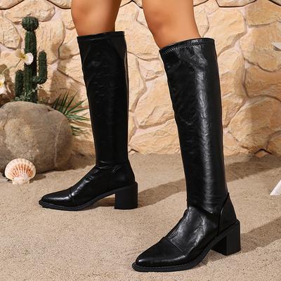 Fashion Black Thick Heels Knee High Boots for Women Autumn Winter Pu Leather Long Boots Woman Slip On Pointed Toe Botas Mujer Size 42