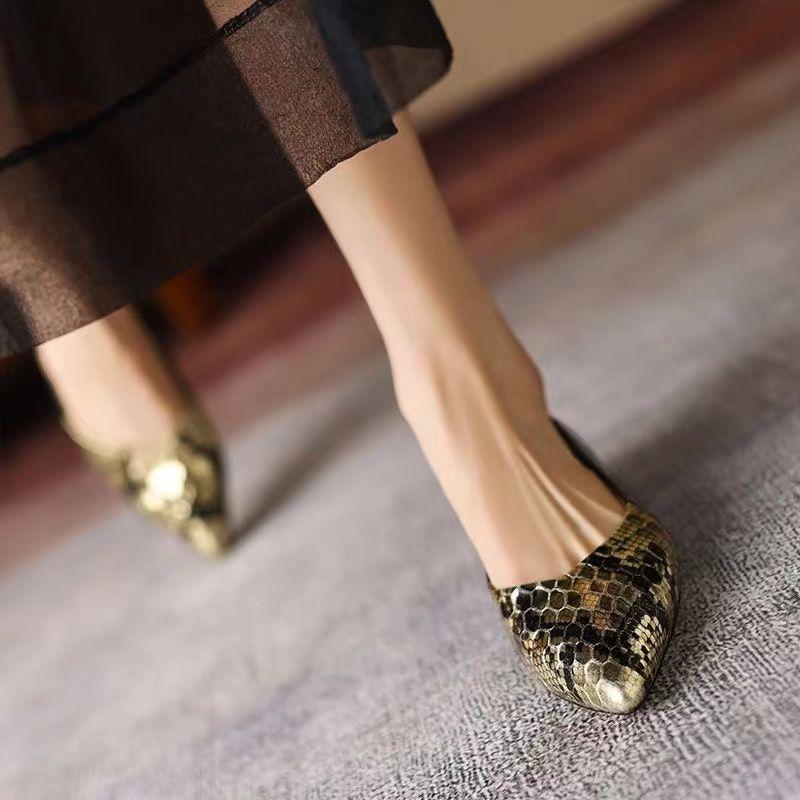 Pointed Toe Snake Pattern Slip-on Low Heel Elegant Shoes for Women Summer Young Trend Korean Style Chic Point Casual Woman Flats