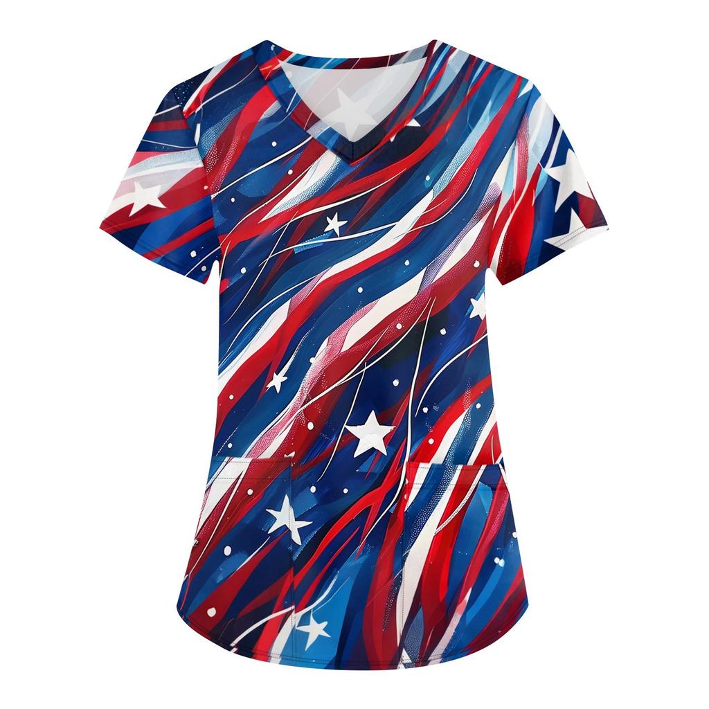 Women's Fashion V-neck Short Sleeve Workwear With Pockets Independence Day Printed Tops