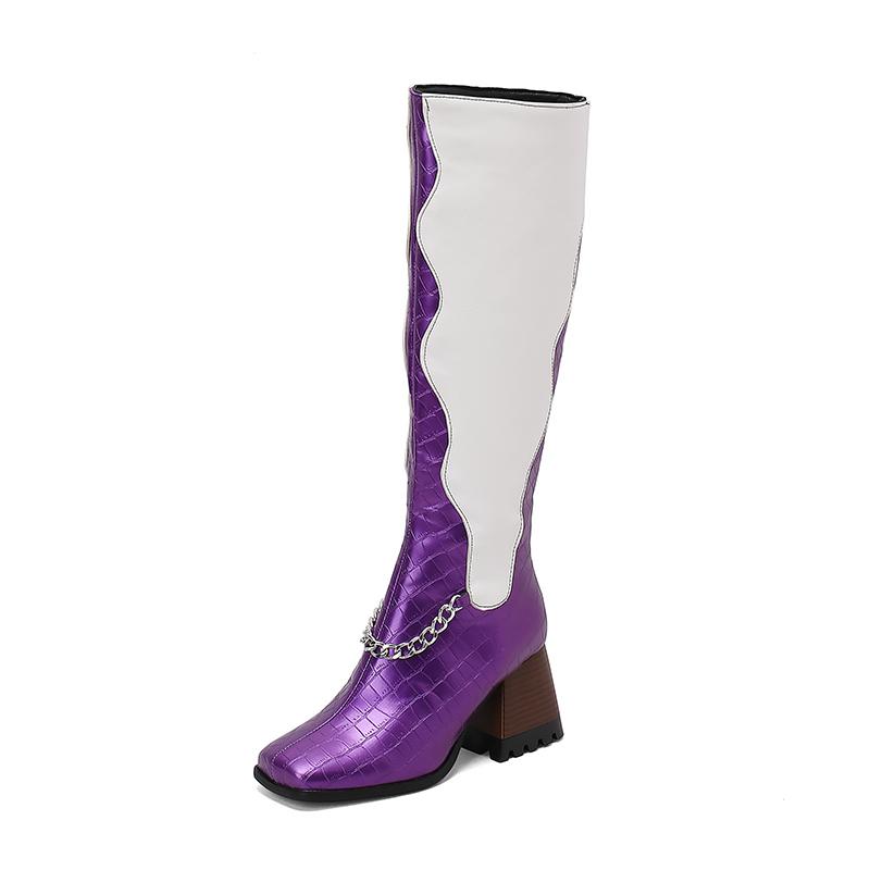 Hochwertige Lederstiefel für Damen Mode Dicke Hohe Absätze Kette Reißverschluss Kniehohe Stiefel Rutschfest Gemütliches Filzfutter Damenstiefel