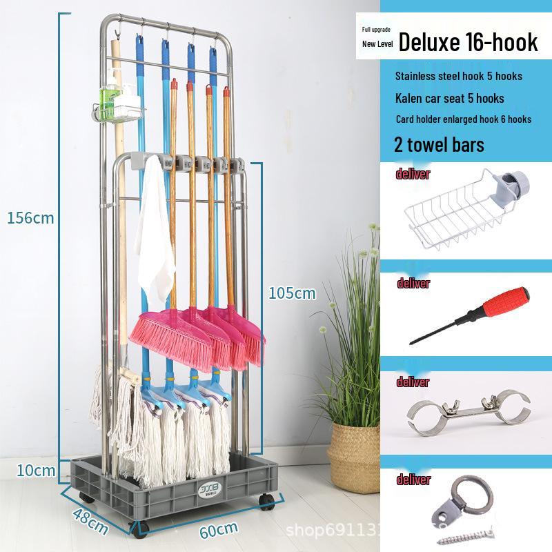 Freestanding Stainless Steel Mop and Broom Holder Rack