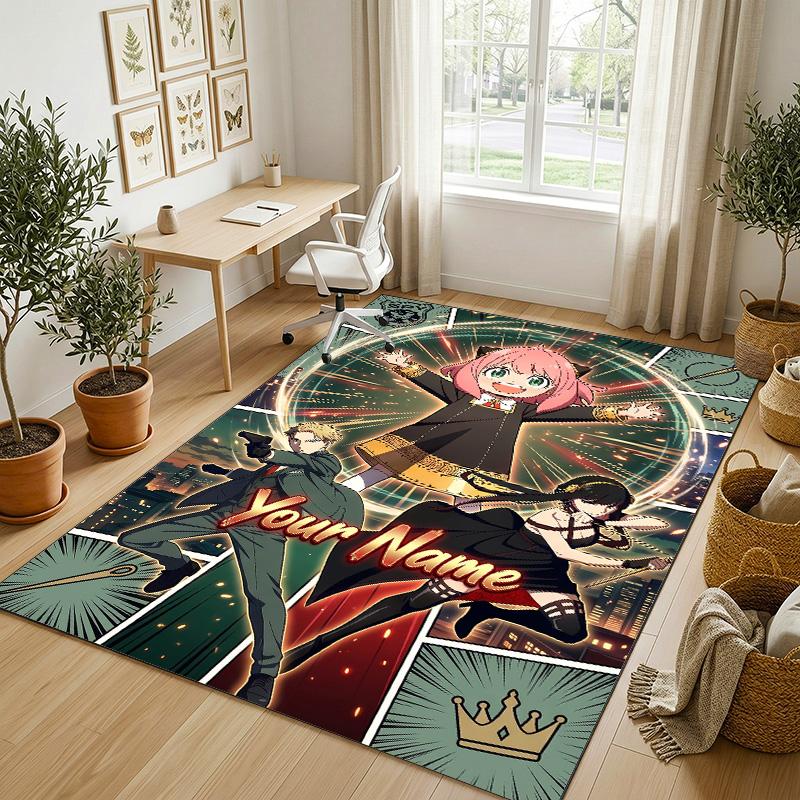 Personalized Crystal Velvet Carpet,Spy × Family Custom Printed Name, Plush Area Rug For Home Indoor Decor