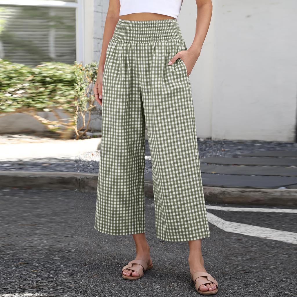 Women's Fashion Loose Pleated Elastic Waist Pocket Checkered Casual /10 Pants