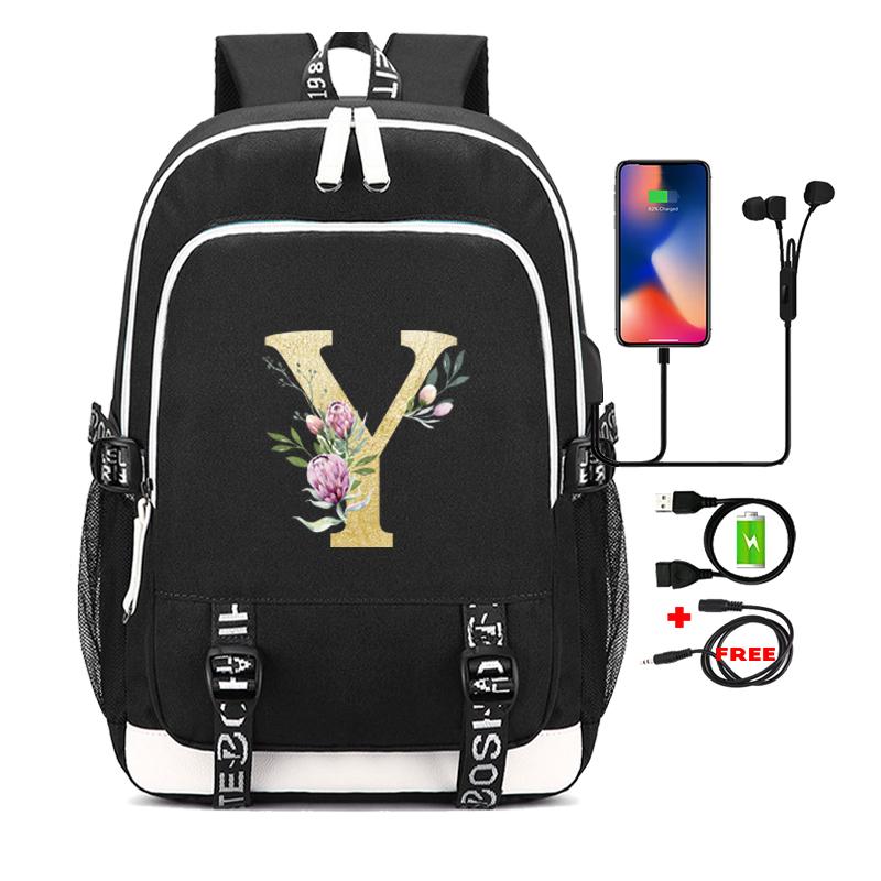 26 English Letters Black Backpack Cosplay Canvas Rucksack Children Kids Schoolbag Travel Bag Back To School Bookbag