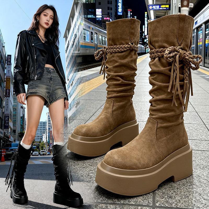 Wasteland Wind Fringed Woven Thick-soled High Knight Boots Women's Small Men Heightened Folds Piled Up But Knee Boots