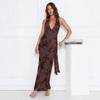Autumn New European And American Fashion Digital Printing Deep V-Neck Backless Sexy Waist Neck Dress