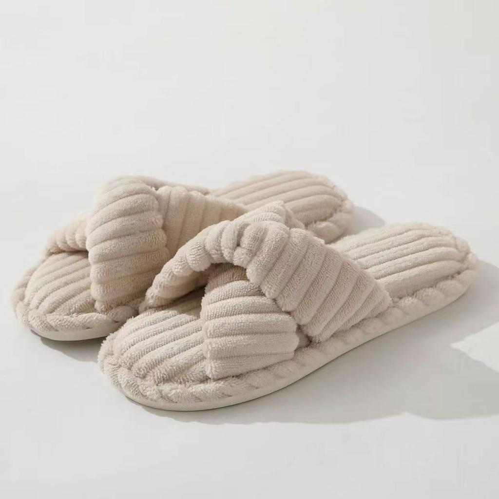 Fashion 2026 Women's Autumn/Winter New Cotton Non slip Home Slippers Warm Toe Cross Flat Bottom Slippers