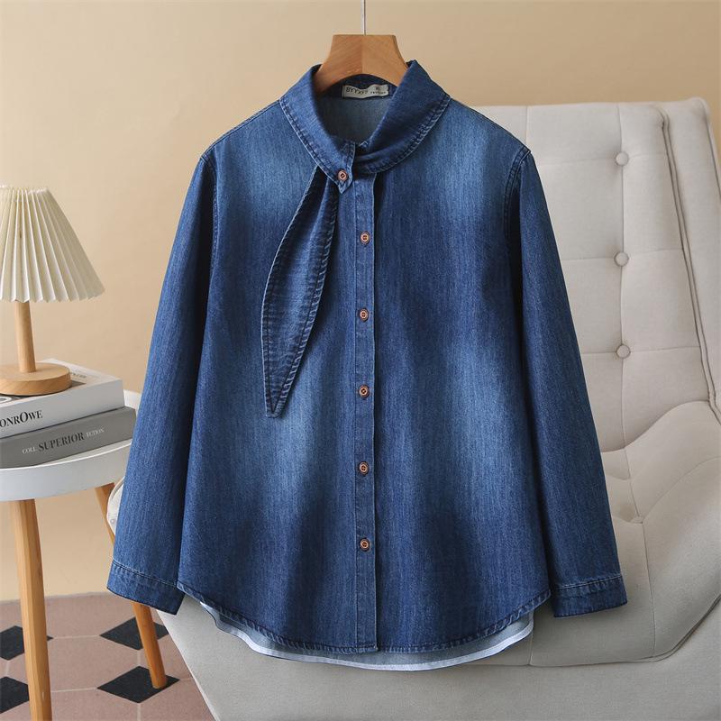 

2026 Spring Plus Size Flowy Collar Denim Shirt for Women - Long Sleeve Slimming Jacket Fashion Top 2XL темно-синього кольору