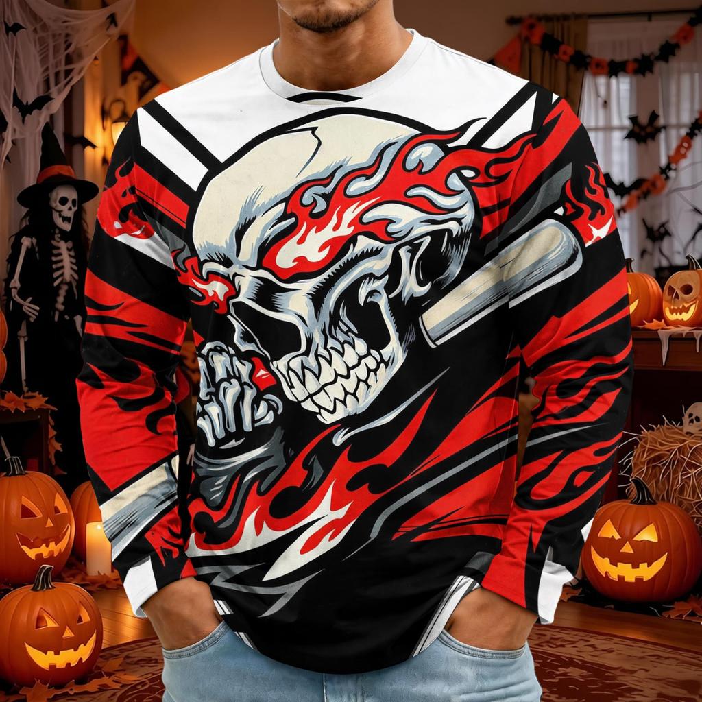 Men's Halloween Long Sleeve T-Shirt Neck Loose Fit Casual Versatile Top