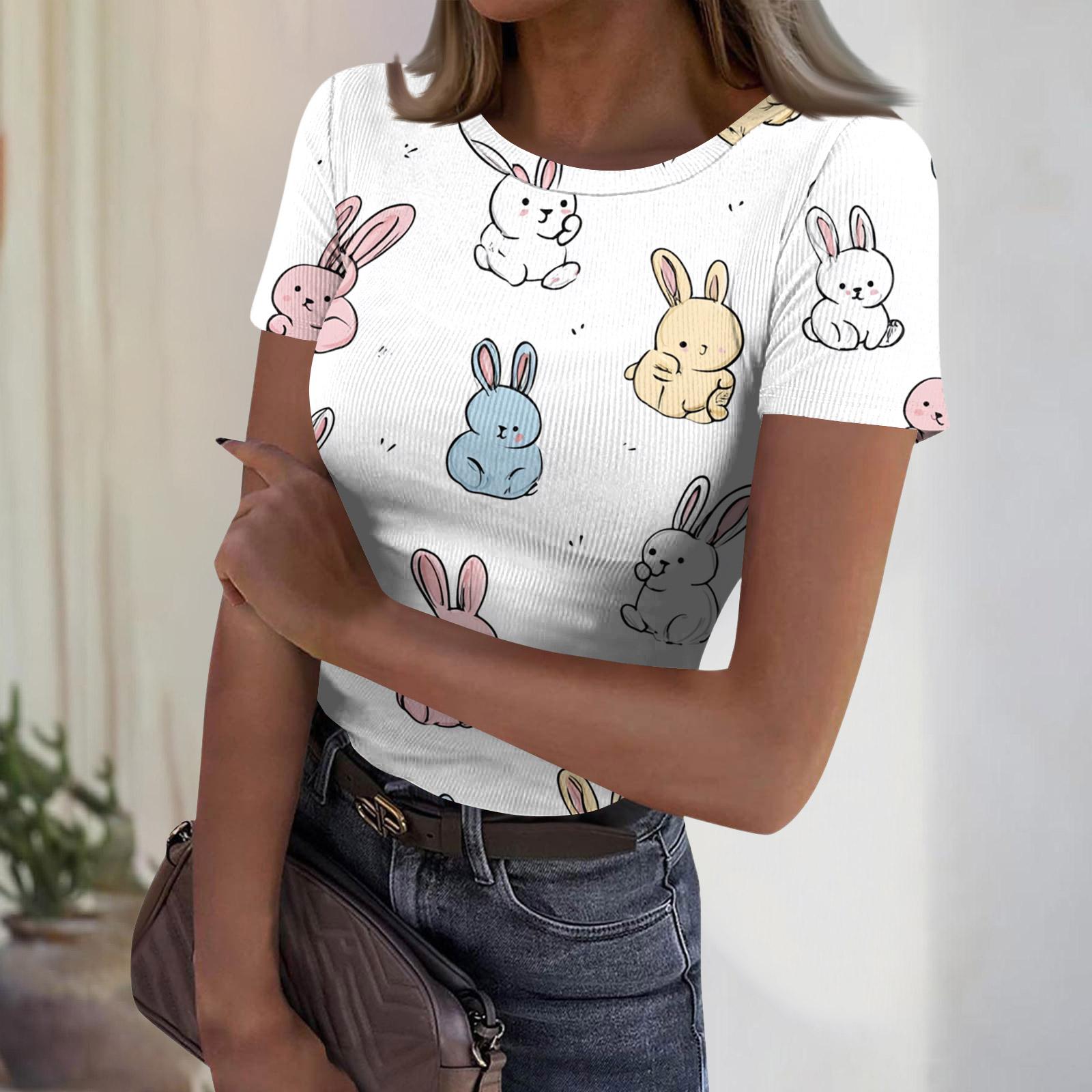 

Women s Casual Fashion Round Neck Easter Print Short Sleeve Ribbed Top S білий