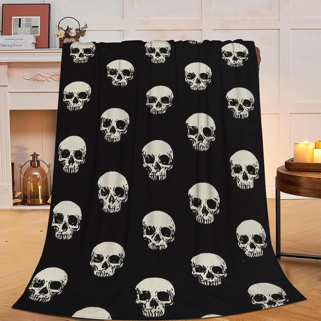 Gothic Skull Blanket Soft Cozy Spooky Skull Plush Throw Blanket Super Warm Fleece Fuzzy Halloween Skeleton Bedding Blanket Gifts for Kids Girls Boys