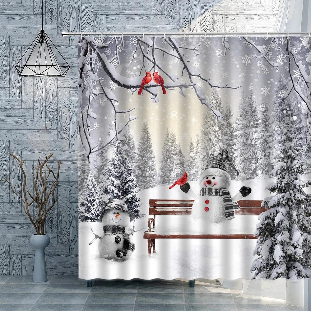 Christmas Shower Curtain Winter Window Snowman Snow Scene Fabric Bathroom Curtain Christmas Tree Xtmas Balls Gifts Bath Decor
