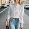 Dames Ruffle Hoge Hals Lange Mouwen Blouse Elegante Effen Kleur Shirt Parelmoer Knopen Werk Kleding Tops