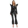 S-3XL Women‘s Disco Jumpsuit Halloween Costume: Shiny Metallic Long Sleeve High Waist Romper with Bell Bottoms & Front Zip