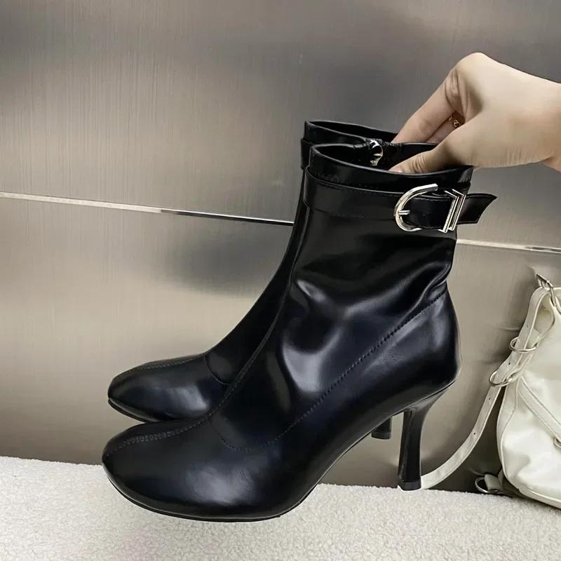 Luxury Soft Leather Side Zip Design Ankle Boots Womens Sexy Belt Buckle Round Toe Botines Thin Heels Modern Boots Botas Mujer