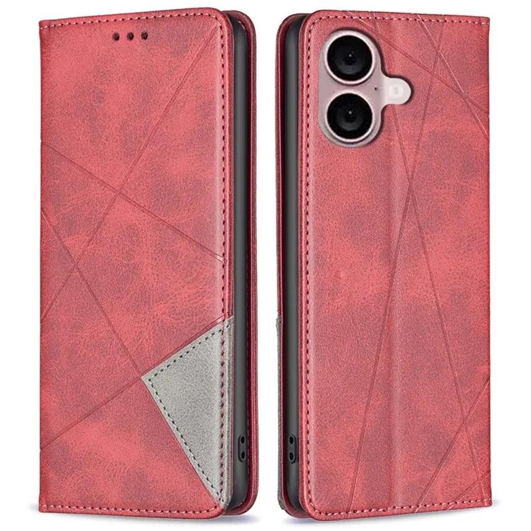 

For iPhone 16 Plus Case PU Leather Rhombus Pattern Shockproof Phone Cover - Red