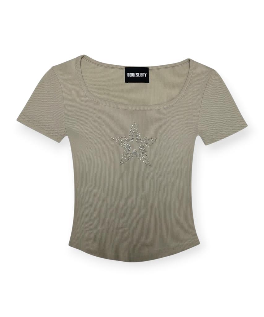 BORN SLIPPY Crystal Star Square Neck Tee (Beige)