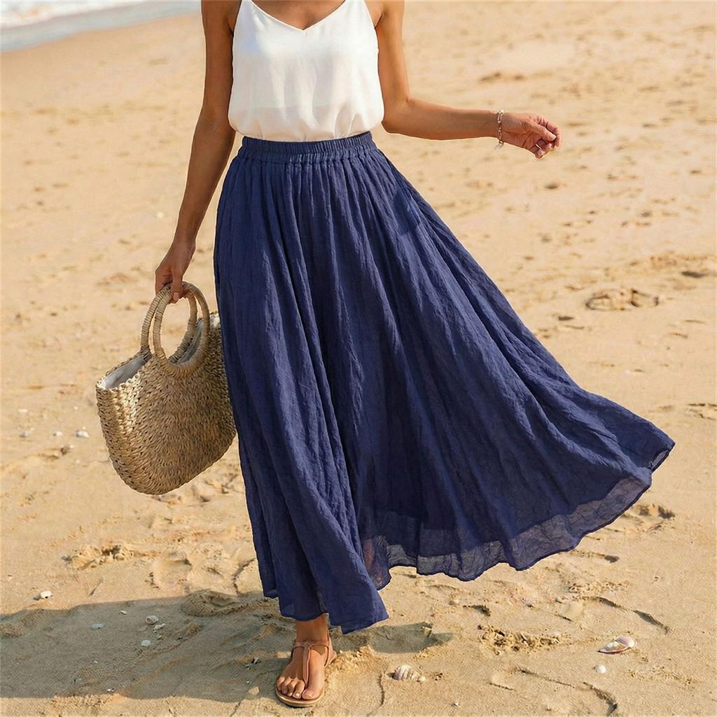 Women Casual Holiday Solid Cotton Linen Long Skirt A Line Beach Midi Skirt Elastic Waist Lightweight Flowing Design