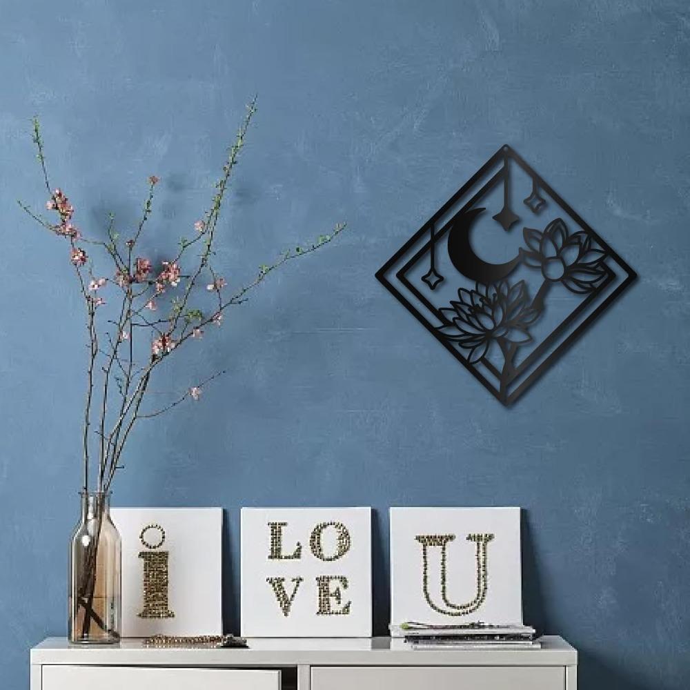 Black Metal Lotus Flower Wall Art Moon Star Square Sculpture Modern Home Decor Indoor Outdoor 11.8x11.8 Inch