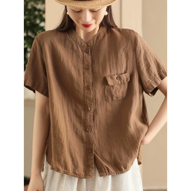 1116 linen shirt women's fried color stand-up collar short-sleeved shirt jumper casual top